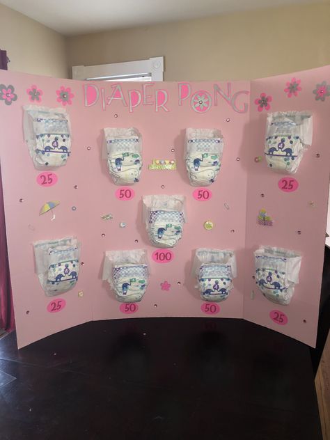 Baby shower game. Diaper pong- we did points 100,50,25. Use a white erase board to put scores. Two highest go against each other for prize. Diaper Pong, Baby Shower Simple, Diy Babyshower, Creative Baby Shower Themes, Easy Baby Shower Games, Diy Decorating Ideas, Baby Trivia, Boys Diy, Shower Prizes