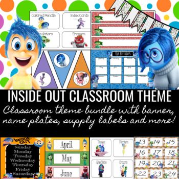 Have a gorgeous and organized room that students and parents will enjoy! This Inside Out classroom theme bundle will satisfy any fan. This package includes: -Calendar Months -Calendar Days -Days of the Week Poster -Birthday Chart -Name/Desk Plates -Classroom Supply Labels -Blank Labels -Class Banner *This product does not contain files that are editable. Inside Out Classroom Theme, Pixar Classroom, Inside Out Classroom, Disney Teacher, Organized Room, Classroom Supplies Labels, Disney Themed Classroom, Daycare Themes, Months Calendar