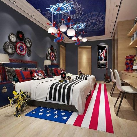 Condo Styling, Marvel Bedroom, Avengers Room, Cool Bedrooms For Boys, Kids Bedroom Organization, Marvel Room, Superhero Bedroom, Boys Bedroom Makeover, Modern Kids Bedroom