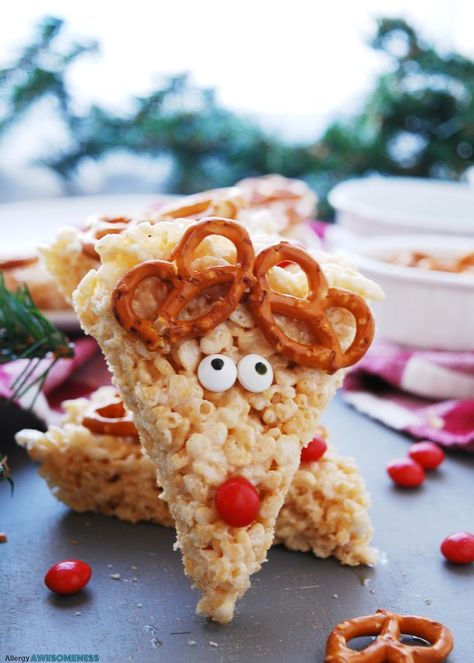 Allergy-friendly Reindeer Rice Krispies Krispie Treats Christmas, Fun Holiday Desserts, Rice Krispie Treats Christmas, Rice Krispie Treats Recipe, Rice Krispies Treat, Krispie Treats Recipe, Fun Dessert, Crafts For Christmas, Festive Desserts