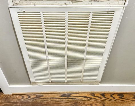 DIY Air Return Vent Cover Covering Air Return Vents, Air Exchanger Cover, Ac Duct Covering Ideas, Ac Return Vent Ideas, Decorative Air Vent Cover, Air Duct Covering Ideas, Diy Air Return Vent Cover, Air Conditioner Aesthetic, Return Air Vent Cover Ideas