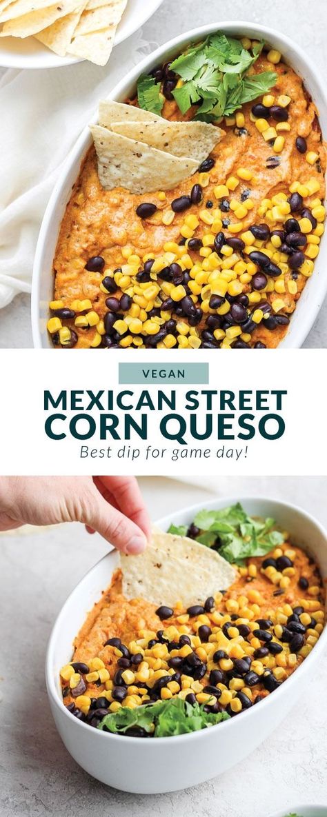 Street Corn Queso, Vegan Street Corn, Corn Queso Dip, Corn Queso, Dip Healthy, Vegan Apps, Vegan Queso, Fit Foodie Finds, Healthy Appetizer