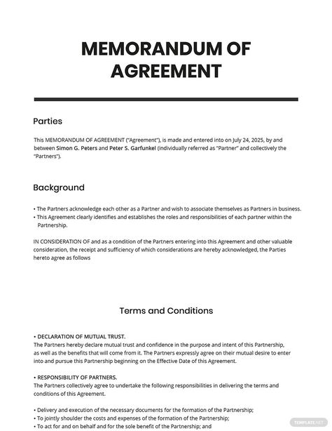 Create a formal and legal document to record any agreement or understanding between two parties without having to worry over if any party follows the execution of the conditions. Use our Memorandum of Agreement template to create a binding agreement of obligations between two parties. Get assurance that both parties will do all terms and conditions stipulated in the agreement. Insert any restrictions and limitations as well as penalties for breach of any of the provisions in the agreement. ... Business Letter Sample, Automotive Logo Design, Bio Data, Purchase Agreement, Legal Forms, Contract Agreement, Business Letter, Statement Template, Letter Sample