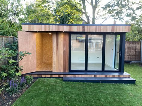 The key feature of the office space is the corner of floor to ceiling glazing Garden Office Ideas, Small Garden Office, Garden Office Shed, Gym Shed, Office Shed, Garden Room Ideas, Shed Office, Garden Home Office, Dog Leg