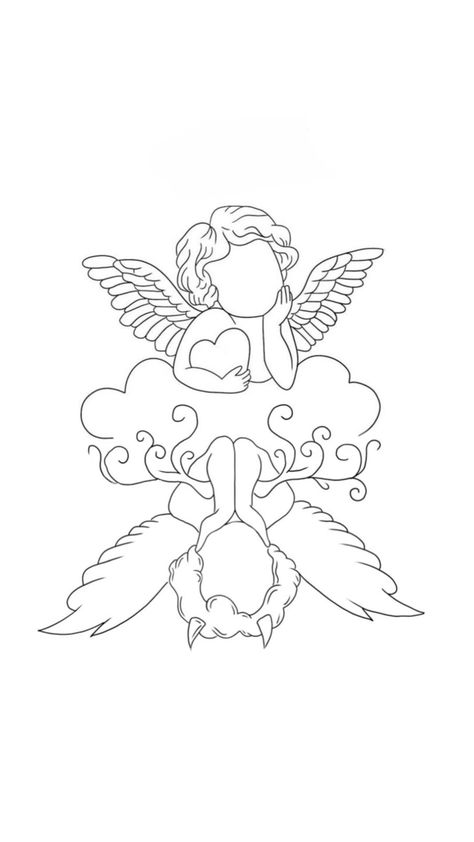 Spiritual Angel Tattoo, Angel And Flower Tattoo, Women Stencil Tattoo, Good Angel Bad Angel Tattoo Ideas, Tattoo Ideas Cool Design, 2 Baby Angel Tattoo, Half Angel Half Demon Tattoo Women, Gothic Linework Tattoo, Little Chest Tattoo Female