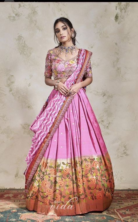 Paithani Half Saree Designs, Paithani Lehenga, Pink Paithani, Patola Sari, Saree Function, Half Saree Function, Designer Bridal Lehenga Choli, Lehenga Saree Design, Half Saree Lehenga