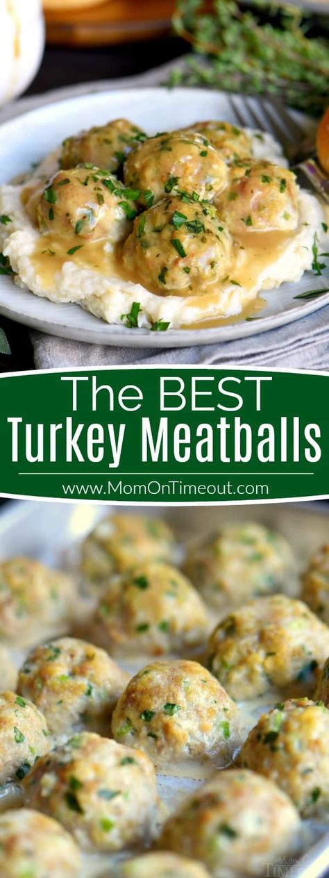 The BEST Turkey Meatballs can be on your table in less than 30 minutes! These baked turkey meatballs are perfectly seasoned and exceptionally delicious. Topped with a simple herbed gravy, they're impossible to resist! // Mom On Timeout #turkey #meatballs #dinner #recipe #easy #recipe #dinnertime Best Turkey Meatballs, Meatballs Turkey, Baked Turkey Meatballs, Turkey Meatballs Baked, The Best Turkey, Mom On Timeout, Turkey Meatball Recipe, Best Turkey, Baked Turkey