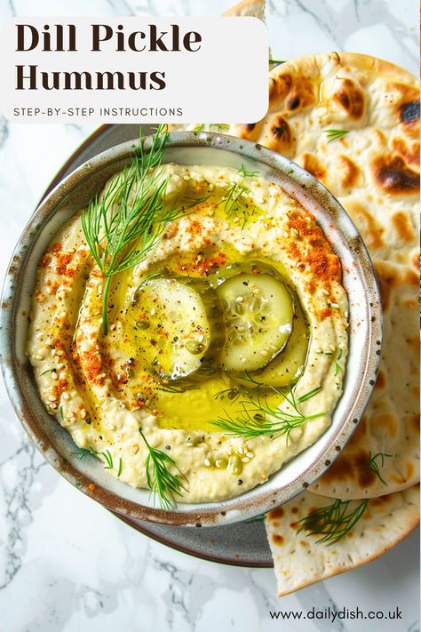 Dill Pickle Hummus Pickle Hummus Recipe, Dill Pickle Hummus, Pickle Hummus, Pickle Dip Recipe, Pickle Seasoning, Mediterranean Snacks, Classic Hummus, Dill Pickle Recipe, Creamy Hummus