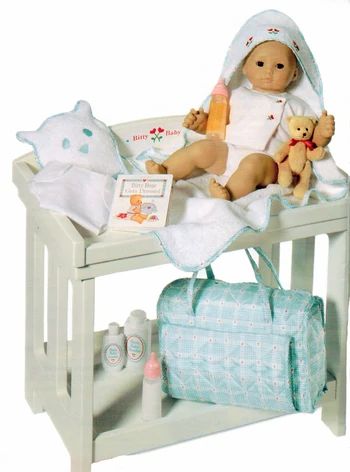 Changing Table I | American Girl Wiki | Fandom Doll Changing Table, Doll Bed Diy, White Changing Table, Diy Changing Table, Barbie Doll Houses, Room List, Childhood Aesthetic, Diaper Changing Table, Shelf For Storage