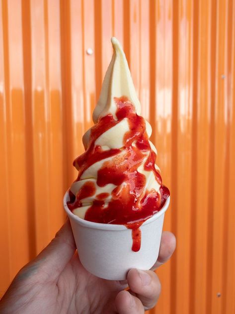 Mango soft serve topped w/ Strawberry Li-hing Sauce. Made with real fruits! #softserve #vegan #icecream #plantbased #hawaii Mango Topping, Ice Cream Pink, Mango Ice Cream, Serve Ice Cream, Soft Serve Ice Cream, Mango Tops, Soft Serve, Organic Ingredients, Baked Goods