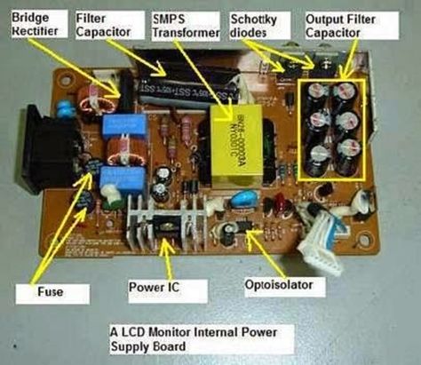 Electrical and Electronics Engineering: Understanding Power Supply Board Of LCD Monitor. Electrical Engineering Books, Electrical Engineering Projects, Electronics Projects For Beginners, Basic Electronic Circuits, Simple Electronics, Switched Mode Power Supply, Electronics Engineering, Tv Repair, Refrigeration And Air Conditioning