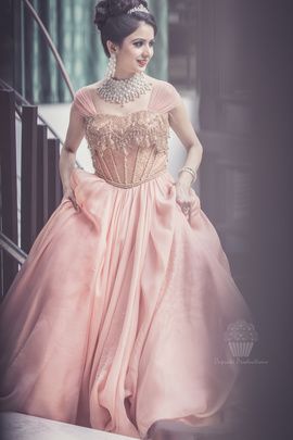 Christian Wedding Gowns - Peach Wedding Gown with Gold Jaal Work, Diamond Necklace and Earrings | WedMeGood #wedmegood #diamond #christian #gown Peach Gown Wedding, Indian Wedding Reception Gowns, Wedding Gowns Indian, Wedding Reception Gowns, Christian Wedding Gowns, Peach Gown, Shantanu And Nikhil, Reception Gowns, Reception Gown