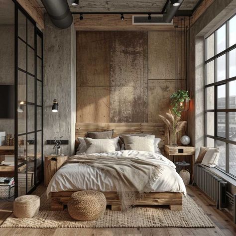 Blending Styles with Industrial Scandinavian Interior Design • 333+ Images • [ArtFacade] Industrial Interior Design Small Apartment, Warehouse Bedroom Ideas, Boho Industrial Interior, Soft Industrial Bedroom, Natural Industrial Interior, Scandustrial Interior Design, Rustic Industrial Decor Bedroom, Bright Industrial Interior, Cozy Industrial Interior Design