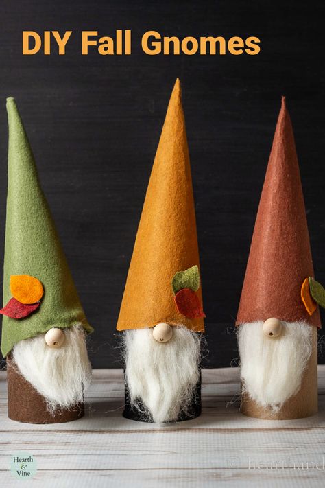 Learn how easy it is to create this fun trio of woodland gnomes in about an hour. They look great on a mantel, entry or coffee table or anywhere you want to display a little whimsy. Diy Fall Gnomes, Woodland Gnomes, Fall Mantel Decor, Fall Gnomes, Roving Wool, Gnome Decor, Fall Gnome, Autumn Recipes, Short Rib