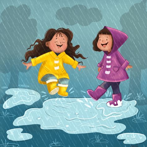 Cute girls playing in rains Rainy Season Illustration, Playing In Rain, Rain Cartoon, Rain Animation, Rain Illustration, Girl In Rain, Boat Cartoon, Childhood Memories Art, Rain Aesthetic