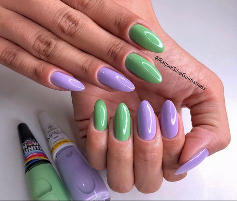 Lavender And Green Nails, Green And Purple Nail Designs, Purple And Green Nails Design, Green Purple Nails, Purple Green Nails, Green And Purple Nails, Purple And Green Nails, Gender Reveal Nails, Violet Pastel