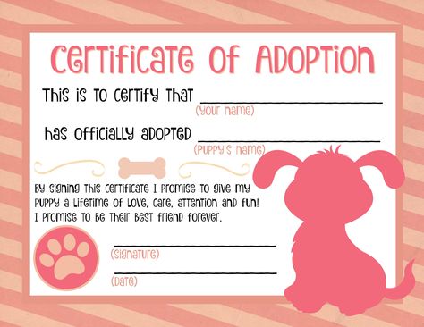 Puppy Adoption Certificate                                                                                                                                                                                 More Adoption Certificate Template, Dog Adoption Certificate, Dog Birth, Pet Adoption Certificate, Pet Adoption Party, Adoption Papers, Birth Certificate Template, Free Certificate Templates, Puppy Birthday Parties