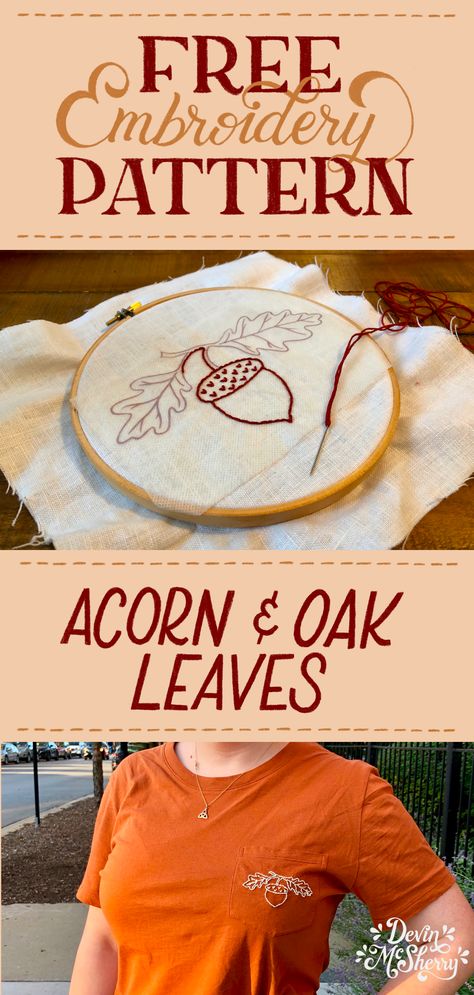 Oak Leaf Embroidery Pattern, Easy Pumpkin Embroidery, Oak Leaves Embroidery, Embroidery Oak Leaf, Fall Hand Embroidery Patterns Free, Easy Fall Embroidery Patterns, Acorn Embroidery Pattern, Free Fall Embroidery Patterns, Fall Embroidery Designs Free Pattern