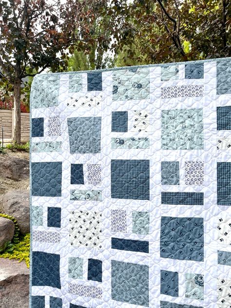 Around the Block Quilt in Blues Quilt Patterns In Blues, Serenity Quilt Pattern, Quilts With Blue Background, Modern Minimalist Quilt Patterns, Blue And White Quilt Patterns Free, Around The Block Quilt Pattern, Simple Squares Quilt, Quilts For Guys, Blue And White Quilt Ideas