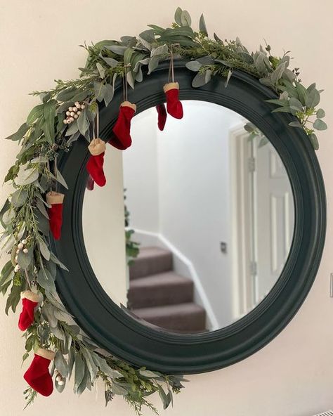 Two Story House Christmas Decor Outside, Christmas Garland Mirror Decor, Mirrors Decorated For Christmas, Christmas Garland On Round Mirror, Round Mirror Christmas Decor Ideas, Christmas Decor Ideas Mirror, Circle Mirror Christmas Decor, Garland On Round Mirror, Constable Green