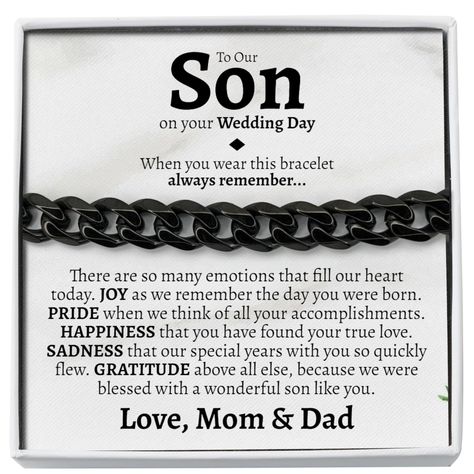 PRICES MAY VARY. Wedding Gift for Son: Make your handsome son feel special by giving him this stainless steel bracelet from his parents on his wedding day - this bracelet looks good for work or play, and it has just enough weight to really provide a masculine punch to any man's style. Son Wedding Gift: This special gift for your son includes a card that reads "To Our Son on your Wedding Day - When you wear this bracelet always remember... There are so many emotions that fill my heart today. JOY Son Getting Married, Wedding Gift For Son, Son On His Wedding Day, Sentimental Wedding Gifts, Sentimental Wedding, Groom Gifts, Cuban Link Bracelet, Small Gift Boxes, Black Gift Boxes