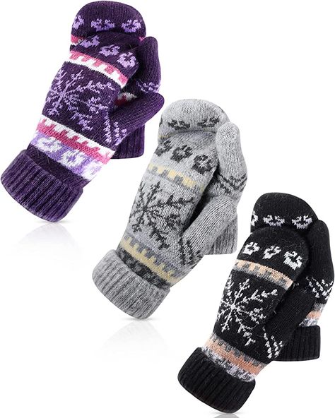 Vicenpal 3 Pairs Women's Winter Gloves Warm Lining Mittens Knit Thick Wool Gloves Knit Mittens for Winter Cold Weather (Purple, Gray, Black) at Amazon Women’s Clothing store Mittens Knit, Gloves Vintage, Knitted Mittens, The Mitten, Wool Gloves, Thick Wool, Winter Cold, Winter Gloves, Knit Mittens