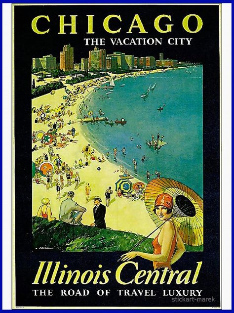 Chicago Beach, Chicago Vacation, Chicago Poster, Chicago Travel, Retro Travel Poster, The Windy City, Vintage Art Prints, Art Deco Inspired, Vintage Cat