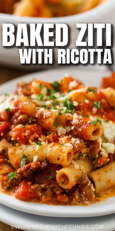 Ziti Sauce Recipes, Shrimp Baked Ziti, Chicken Ziti Bake, Baked Ziti Recipe With Ricotta, Healthy Baked Ziti Recipe, Christmas Pasta Dinner, Baked Penne With Ricotta, What Can I Make With Ricotta Cheese, Baked Ziti With Ground Turkey