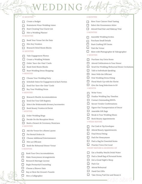 Wedding planning checklist and timeline for a 12-month preparation featuring tasks Wedding To Do Timeline, Day Off Wedding Checklist, Wedding Planning Timeline 12 Months, Wedding To Do List Timeline, Wedding Timeline 12 Month, Last Minute Wedding Checklist, Wedding Checklist Timeline Printable, Basic Wedding Checklist, Planning A Wedding Checklist