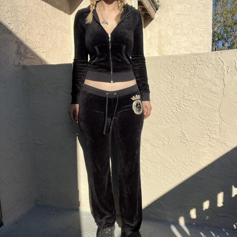 juicy couture velour tracksuit set vintage black &... - Depop Tracksuit Outfit Juicy Couture, Juicy Couture Tracksuit Outfit Ideas, Yk2 Tracksuit, Black Velour Pants Outfit, Aesthetic Juicy Couture, Juicy Tracksuit 2000s, Juicy Couture Aesthetic Tracksuit, Juicy Contour Tracksuit, 2000s Juicy Tracksuit