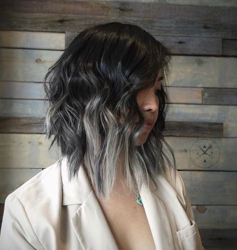 gray+balayage+for+long+black+bob Black To Grey Ombre Hair, Grey Balayage, Black To Silver Ombre, Silver Ombre Hair, Black And Grey Hair, Grey Ombre Hair, Gray Balayage, Short Ombre Hair, Ombre Hair Blonde