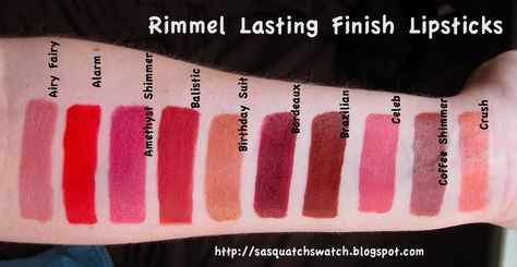 Rimmel Lasting Finish Lipsticks Swatch Rimmel Lipstick, Shimmer Lipstick, Play Barbie, Rimmel London, Maybelline Super Stay, Lipstick Swatches, Makeup Swatches, Long Lasting Lipstick, Rimmel