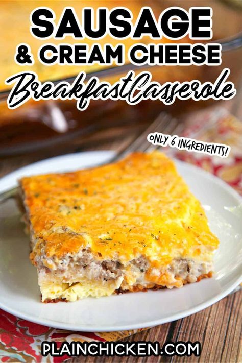 Sausage and Cream Cheese Breakfast Casserole - only 6 ingredients! crescent rolls topped with a mixture of sausage, cream cheese, cheddar, eggs and milk. This is a great casserole for a work potluck, baby shower brunch, breakfast, lunch, dinner, or any other time you need food! Everyone always asks for the recipe! #breakfast #casserole #brunch Egg Sausage Cream Cheese Casserole, Breakfast Casserole Spicy, 3 Ingredient Sausage Casserole, Breakfast Sausage Cream Cheese Crescent, Sausage Cream Cheese Tater Tot Breakfast Casserole, Sausage And Cream Cheese Crescent Rolls Casserole, Breakfast Ideas Cream Cheese, Ground Sausage Recipes For Dinner Easy Breakfast Casserole, Egg Casserole With Crescent Rolls