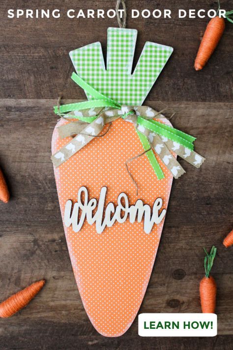 Orange Scrapbook Paper, Carrot Door Hanger, Carrot Craft, Green Scrapbook, Springtime Crafts, Diy Easter Decor, Spring Door Hanger, Easter Wood Crafts, Easter Door Decor