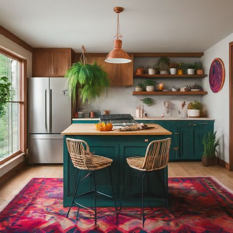 Colorful Kitchen Inspiration, House Interior Eclectic, Kitchen Design Eclectic, Eclectic Decor Kitchen, Colorful Eclectic Kitchen, Modern Eclectic Kitchen, Comfy Kitchen, American Kitchen Design, Red Living Room Decor