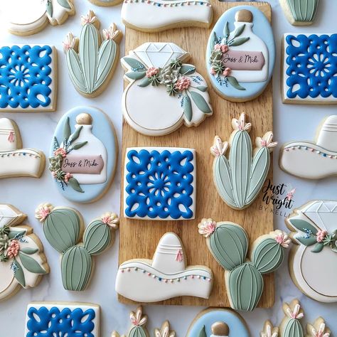 Fiesta Engagement Cookies, Tequila Cookies Decorated, Classy Fiesta Theme Party, Sombrero Cookies, Fiesta Wedding Theme, Engagement Theme, Bride Cookies, Engagement Themes, Engagement Cookies