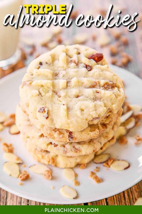 Triple Almond Cookies Recipe – cookies packed with tons of great almond flavor – almond extract, chopped almonds, and almond toffee bits! These cookies are dangerously delicious! Butter, sugar, powdered sugar, oil, eggs, almond extract, flour, baking soda, cream of tartar, salt, sliced almonds, and toffee bits. This recipe makes a ton of cookies. Great for a potluck and parties! Dessert Recipes With Almonds, Cookies With Almonds In Them, Chopped Almond Recipes, Almond Crunch Cookies, Cookies With Sliced Almonds, No Bake Salted Caramel Cookies, Recipes With Sliced Almonds, Almond Paste Cookies Christmas, Almond Flavored Cookies