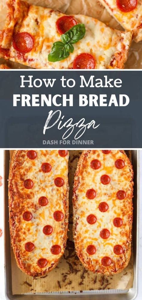 This easy recipe for French Bread Pizza can be made in the oven (or the Air Fryer) for an easy weeknight meal. This picky-eater approved dinner idea is ready in less than 20 minutes and can be customized with your favorite pizza toppings. Make French Bread, Easy French Bread, Homemade Pizza Recipe Easy, Bread Pizza Recipe, Flexitarian Recipes, French Bread Pizza, Easy Homemade Pizza, Pizza Sauce Homemade, Bread Pizza