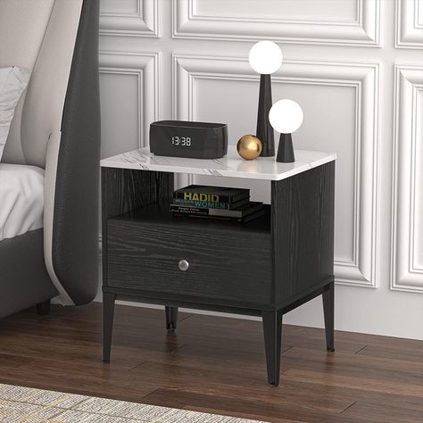 TENNTOU Black Modern Nightstand, End Table with Drawer and Open Shlef, Bed Side Table with Faux Marble Top, Wooden Storage Night Stand for Bedroom, Living Room, Office Marble Top Nightstand, Stand For Bedroom, End Table With Drawer, Bed Side Table, End Tables With Drawers, Night Table, Modern Nightstand, Faux Marble, Night Stand