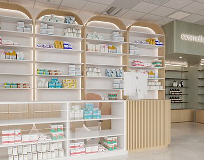 Pharmacy Interior Design Modern, Farmacy Design Interiors, Pharmacy Design Interior Modern, Modern Pharmacy Design, Store Counter Design, Medical Clinic Design, Rak Display, Shop Counter Design, Pharmacy Decor