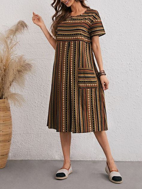 EMERY ROSE Striped Drop Shoulder Smock Dress | SHEIN USA Cotton Dress Summer Casual, Cotton Dresses Summer, Cotton Night Dress, Cotton Short Dresses, Frock Fashion, Frock Patterns, Stylish Short Dresses, Modest Dresses Casual, Night Dress For Women