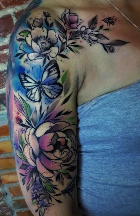 Half Sleeve Ideas, Watercolor Tattoo Sleeve, Tattoo Half Sleeve, Tattoos For Black Women, Shoulder Sleeve Tattoos, Tattoos For Moms With Kids, Tattoos For Moms, Christian Sleeve Tattoo, Back Shoulder Tattoos