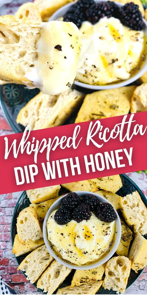 Whipped Ricotta recipe is a crowd pleaser for sure. This luscious dip is drizzled with honey and perfect for dipping bread, veggies or fruit. Italian Whipped Ricotta, Baked Ricotta Dip Appetizers, Baked Ricotta With Honey, Crockpot Ricotta Dip, Whipped Ricotta Crostini Appetizers, Baked Riccota Cheese Dip, Ricotta Cheese With Honey, Whipped Ricotta Dip With Honey, Best Whipped Ricotta Dip