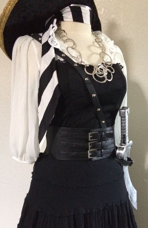 Black & White Pirate Costume Including Jewelry Belts & Accessories White Pirate Outfit, Modest Halloween Costumes, Pirate Halloween Costume, Pirate Dress, Character Dress Up, Female Pirate Costume, Steampunk Pirate, Pirate Halloween Costumes, Pirate Outfit