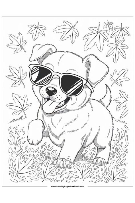 A happy dog with sunglasses playing in a field of falling leaves. Free Dog Coloring Pages, Dog Coloring Pages Free Printable, Cute Dog Coloring Pages, Dogs Coloring Pages, Kawaii Puppy, Coloring Pages For Toddlers, Cartoon Dogs, Puppy Coloring Pages, Printable Dog