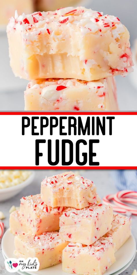 This easy and festive white chocolate peppermint fudge recipe has crushed candy canes, and is the perfect dessert to share for Christmas! Make this easy peppermint fudge recipe for Christmas gifts, party trays and all of your holiday festivities. Peppermint Fudge Easy, White Chocolate Peppermint Fudge, Christmas Fudge Recipes Easy, Chocolate Peppermint Fudge, Christmas Dessert Tray, Peppermint Fudge Recipe, Candy Cane Recipe, Peppermint Dessert, Holiday Fudge