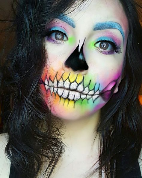 colorful skull makeup inspired by Samantha  Ravndahl 💀 #halloween #halloweenmakeup Color Skeleton Makeup, Rainbow Skeleton Makeup For Kids, Skeleton Face Paint Halloween, Rainbow Sugar Skull Makeup, Skeleton Makeup Colorful, Skull Makeup Colorful, Colorful Skeleton Makeup, Kids Skeleton Makeup, Rainbow Skeleton Makeup