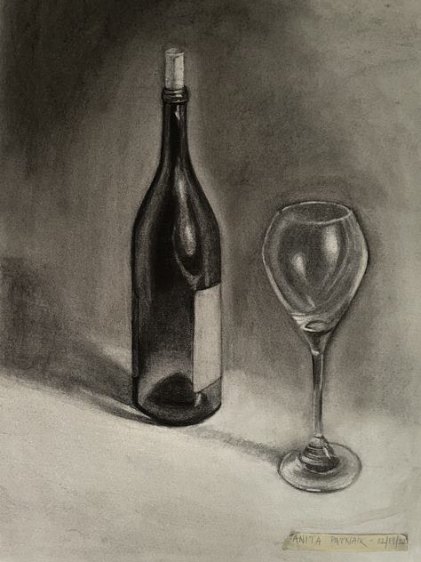 Charcoal on paper Wine Bottle Drawing, Bottle Drawing, Life Drawing Reference, Simple Drawings, Art Charcoal, Alcohol Bottles, Still Life Drawing, Drawing Pencil, March 2024