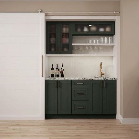 Bar Kitchenette, Dark Green Cabinets, Bar Cabinetry, Basement Cellar, Kaffe Station, Desain Pantry Dapur, Crockery Unit Design, Wine Rooms, Rumpus Room