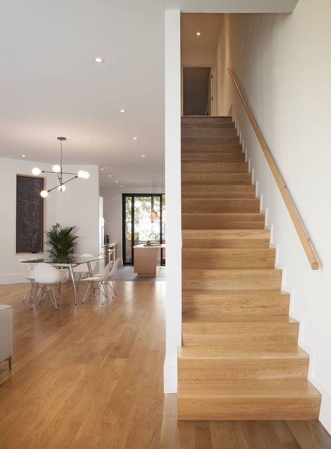 Modern Narrow Staircase, Close In Staircase, Handrail Narrow Staircase, Close Staircase Ideas, Closed Staircase Design, Straight Staircase Design, Closed In Staircase, Stairs In The Middle Of The House, Stair Handrail Ideas Modern